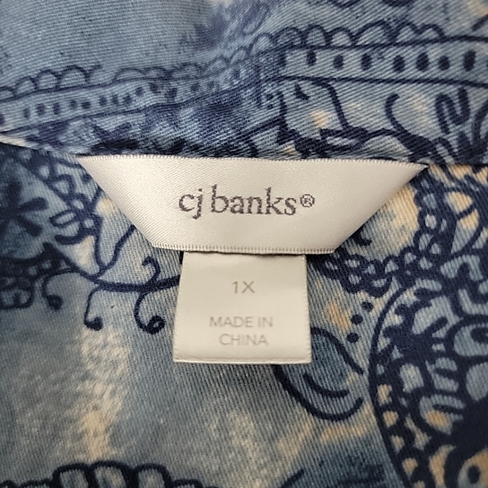 CJ Banks Women's Tan White Blue Balck Button Up Denim Jacket, 1X - Picture 8 of 10